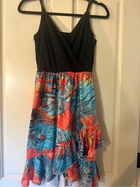 Black Bodice High-Low Dress with Vibrant Coral and Aqua Print Skirt